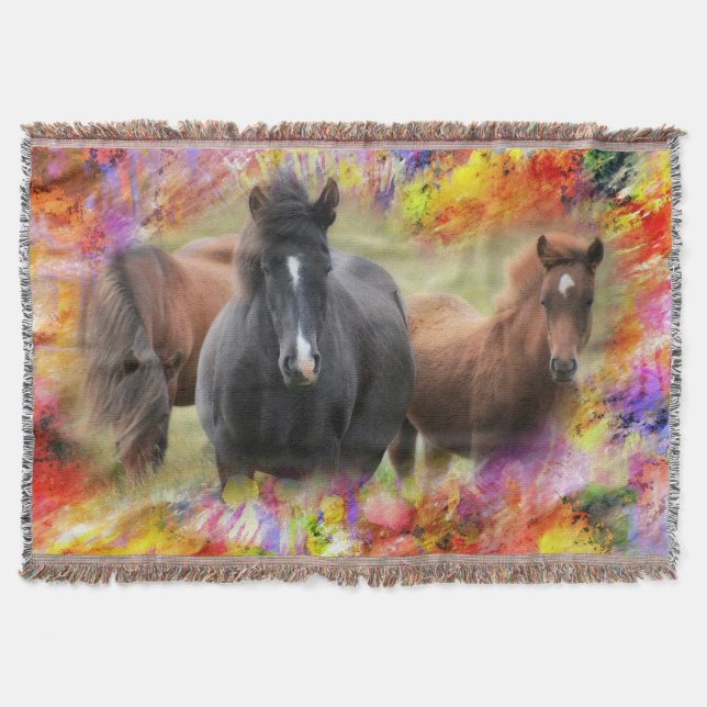 Horses Colourful Throw Blanket (Front)