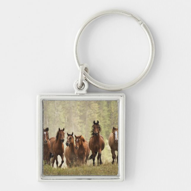 Horses cresting small hill during roundup keychain (Front)