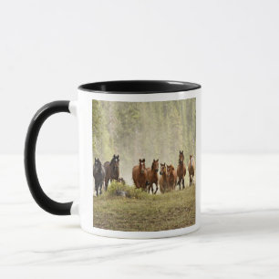Horses cresting small hill during roundup, mug