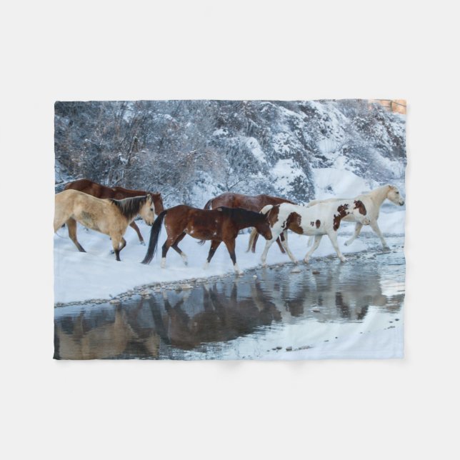 Horses Crossing the Creek Fleece Blanket (Front (Horizontal))