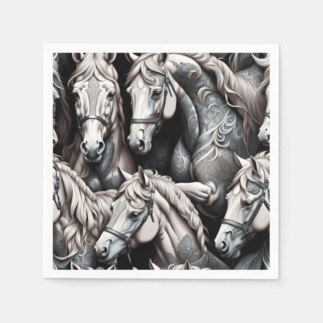 Horses Detailed Painting in Black& White Art  Napkin (Front)