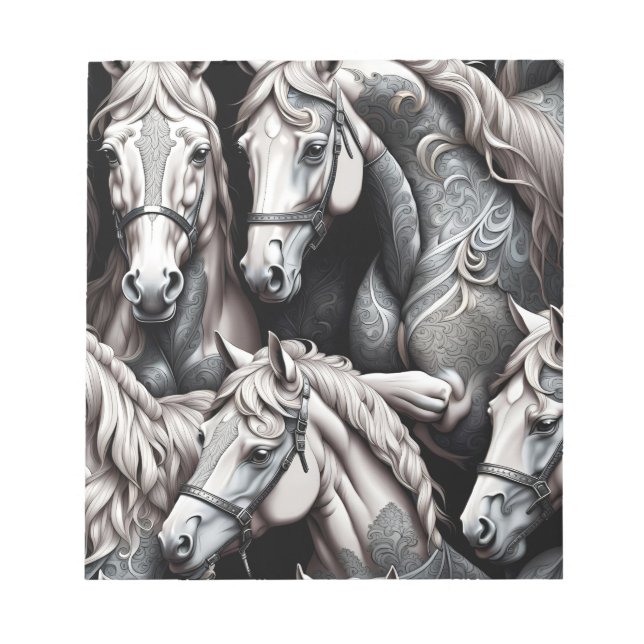 Horses Detailed Painting in Black& White Art  Notepad (Front)