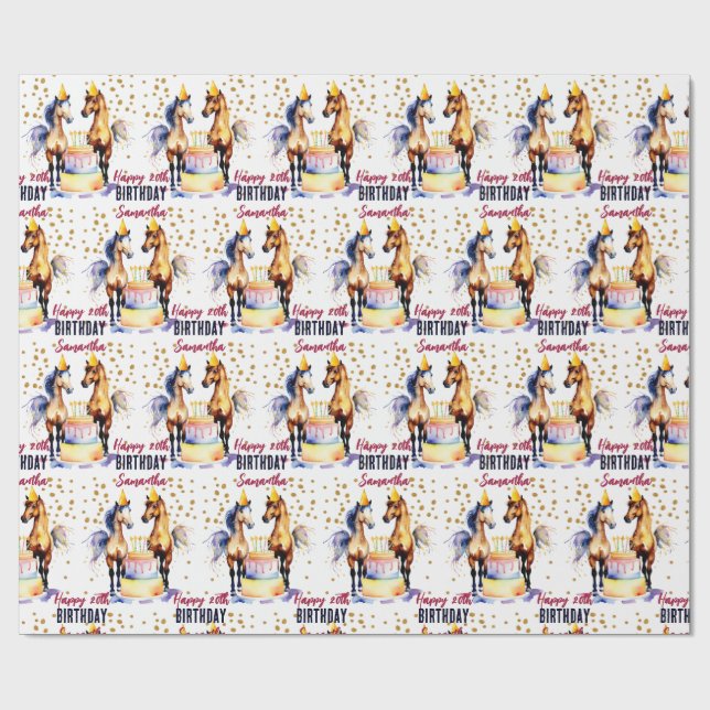 Horses elegant in party hats happy birthday wrapping paper (Flat)