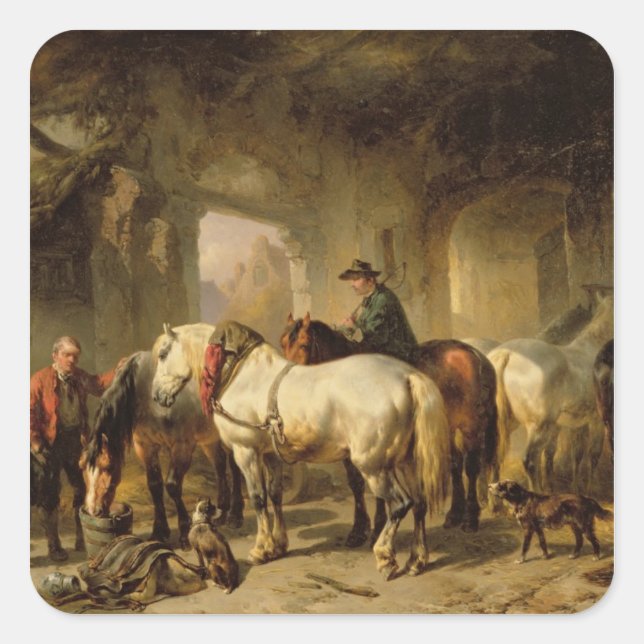 Horses Feeding in the Stable Square Sticker (Front)