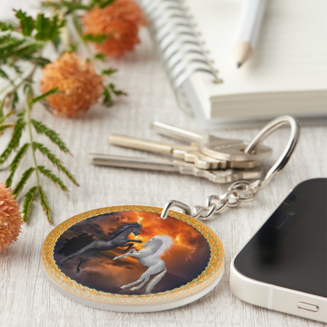 Horses fighting in a bad lightning storm keychain (Front Right)