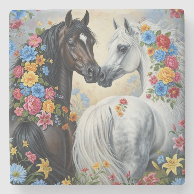  Horses framed in flowers Coaster (Front)