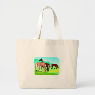 Horses Graze Field Colourful Drawing Equine Theme Large Tote Bag