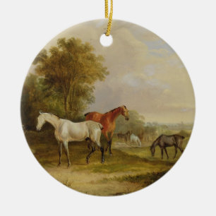Horses Grazing: A Grey Stallion grazing with Mares Ceramic Ornament