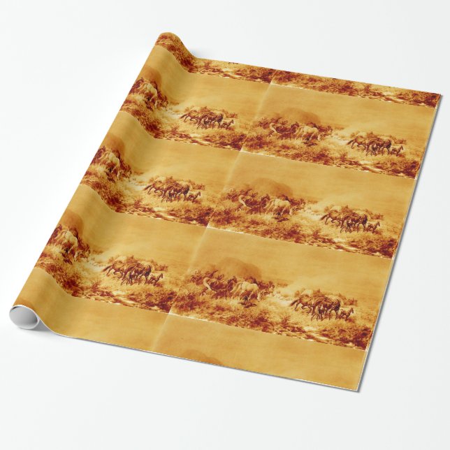 HORSES GRAZING ,Antique Brown Orange Yellow Wrapping Paper (Unrolled)