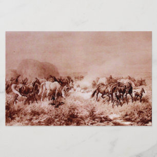 HORSES GRAZING Antique Brown Sepia Stationery