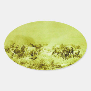 HORSES GRAZING ,Antique Olive Green Oval Oval Sticker