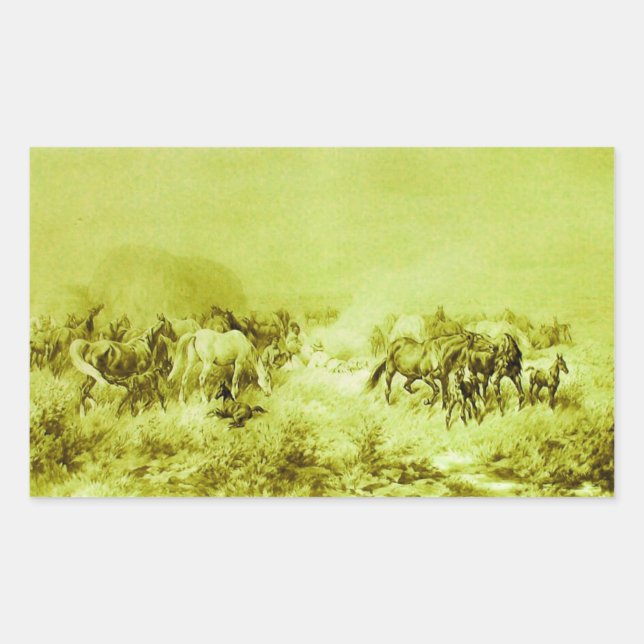 HORSES GRAZING ,Antique Olive Green Sticker (Front)