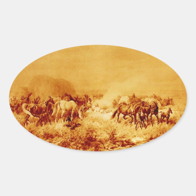 HORSES GRAZING ,Antique Orange Yellow Brown Oval Oval Sticker (Front)