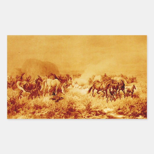 HORSES GRAZING ,Antique Orange Yellow Brown Sepia Sticker (Front)