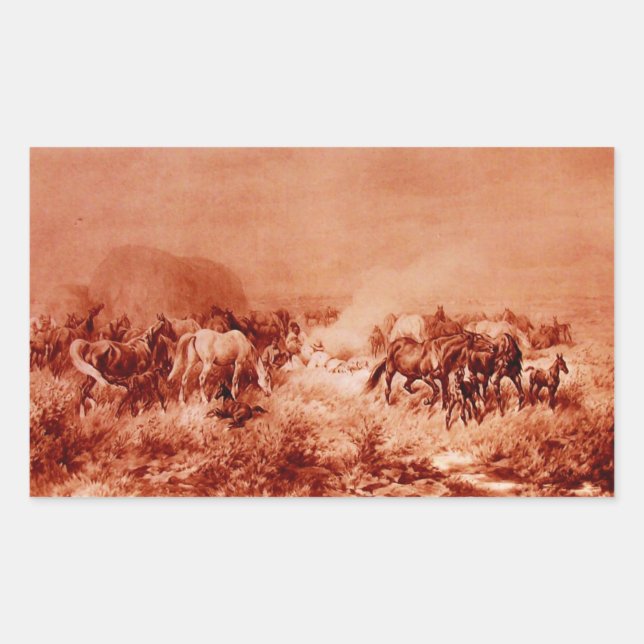 HORSES GRAZING ,Antique Red Brown Pink Sticker (Front)