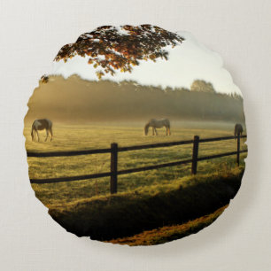 Horses Grazing in Sunrise Pasture Round Pillow