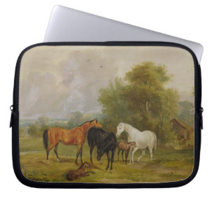 Horses Grazing: Mares and Foals in a Field (oil on Laptop Sleeve