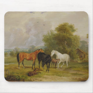 Horses Grazing: Mares and Foals in a Field (oil on Mouse Pad