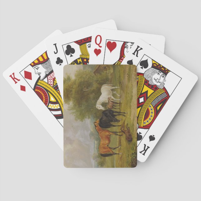 Horses Grazing: Mares and Foals in a Field (oil on Playing Cards (Back)