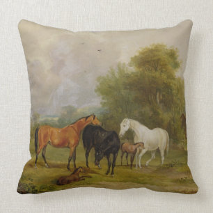 Horses Grazing: Mares and Foals in a Field (oil on Throw Pillow