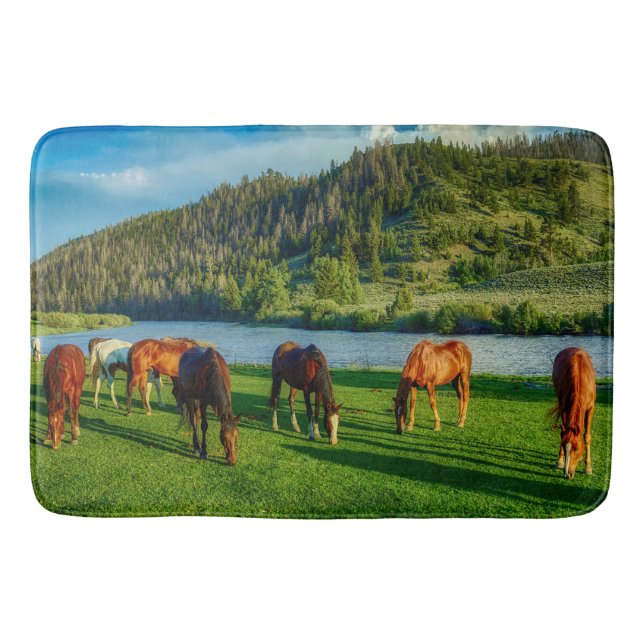 Horses Grazing Near A River And Mountain Bath Mat (Front)