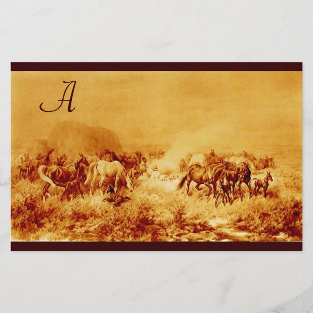 HORSES GRAZING PARCHMENT MONOGRAM brown sepia Stationery (Front)