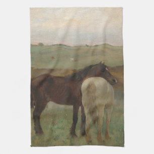 Horses in a Meadow, Oil Painting, Edgar Degas Kitchen Towel