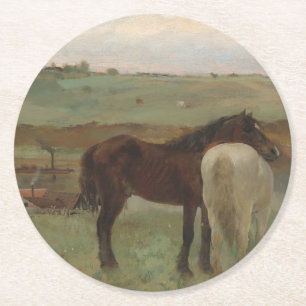 Horses in a Meadow, Oil Painting, Edgar Degas Round Paper Coaster