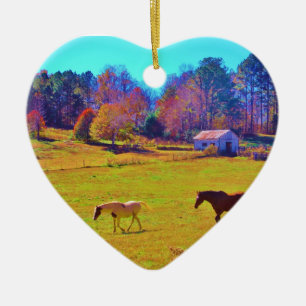 Horses in a Rainbow Coloured Field Ceramic Ornament