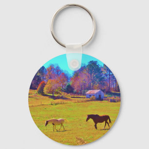 Horses in a Rainbow Coloured Field Keychain