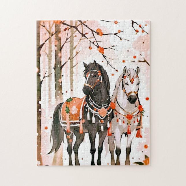 Horses in a Red Forest Jigsaw Puzzle (Vertical)