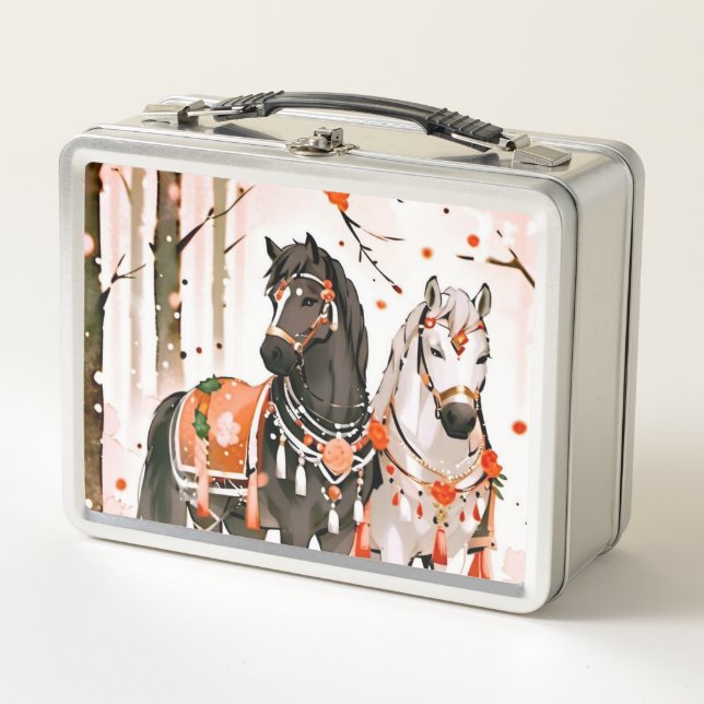 Horses in a Red Forest Metal Lunch Box (Front)