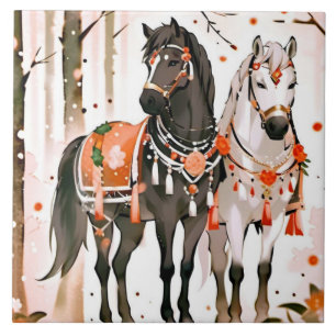 Horses in a Red Forest Tile