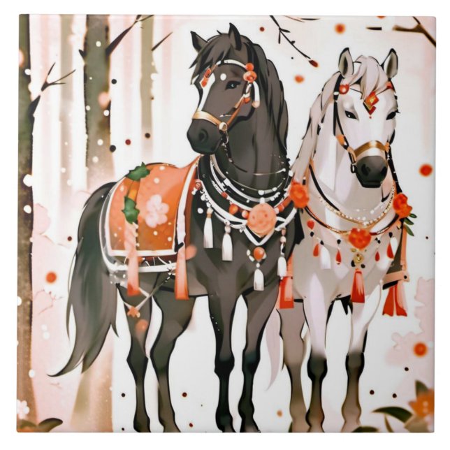 Horses in a Red Forest Tile (Front)