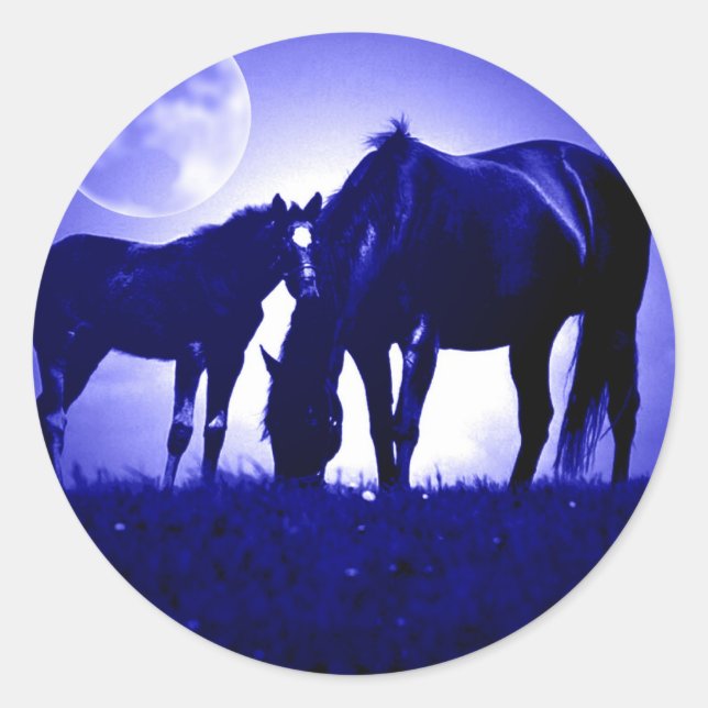 Horses in Blue Night Classic Round Sticker (Front)
