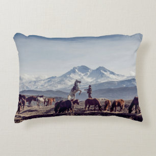 HORSES IN BROWN OPEN FIELD VIEWING MOUNTAIN AT DAY ACCENT PILLOW