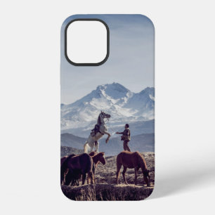 HORSES IN BROWN OPEN FIELD VIEWING MOUNTAIN AT DAY iPhone 12 CASE