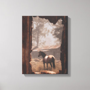 Horses in Forest Clearing Sunbeam Art Canvas Print