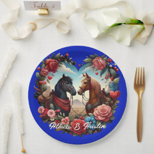 Horses in Heart Blue Paper Plate