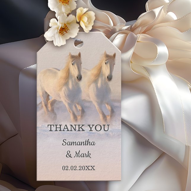 Horses in Snow Winter Wedding Gift Tag (Elegant wedding gift tag featuring two white horses running in the snow as the sun is setting)
