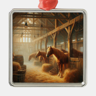 Horses in the barn metal ornament