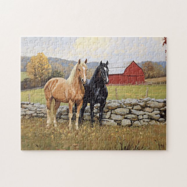 Horses in the Field Rustic Farm Jigsaw Puzzle (Horizontal)