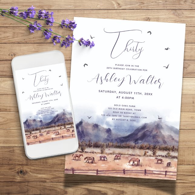 Horses Landscape Milestone Birthday Party Invitation (Landscape with horses birthday party invitation for any age)