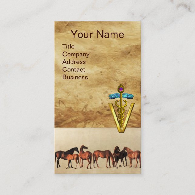HORSES /MARES AND FOALS CADUCEUS VETERINARY SYMBOL BUSINESS CARD (Front)