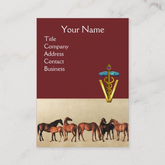 HORSES /MARES AND FOALS CADUCEUS VETERINARY SYMBOL BUSINESS CARD (Front)