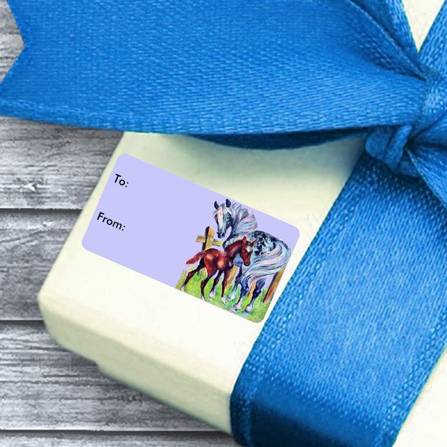 Horses Mom Baby Gift Tags (Mother horse with brown baby colt in grass by fence on periwinkle blue gift tag labels.)
