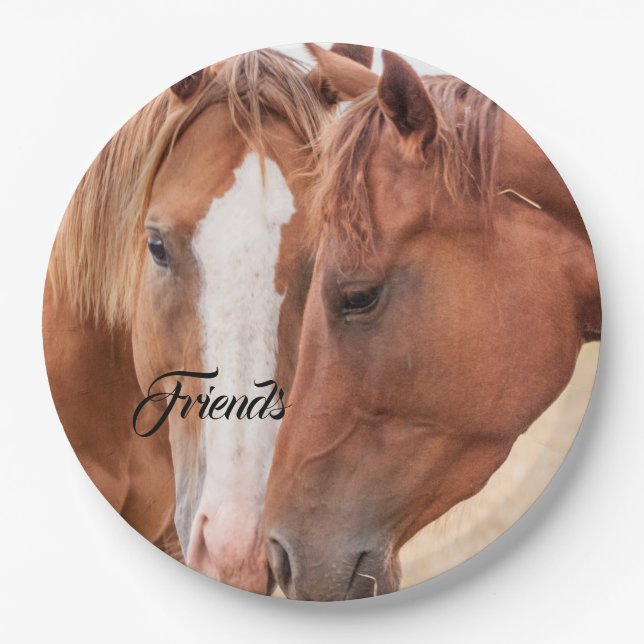 Horses nuzzling in a pasture paper plate (Front)