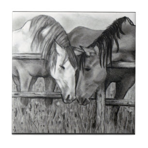 Horses Nuzzling: Pencil Drawing, Realism Tile