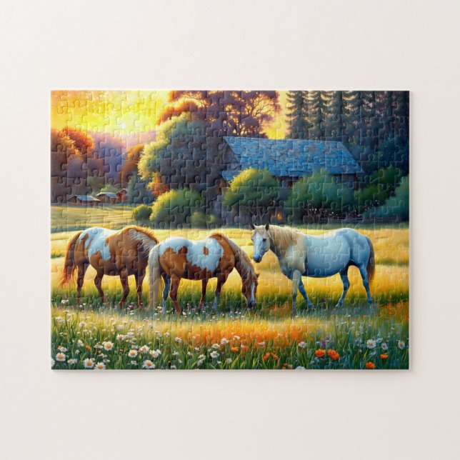 Horses on Farm Wildflower Meadow Jigsaw Puzzle (Horizontal)