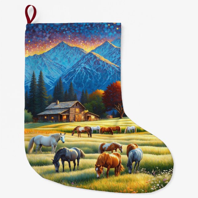 Horses on Farm Wildflower Meadow Large Christmas Stocking (Front)